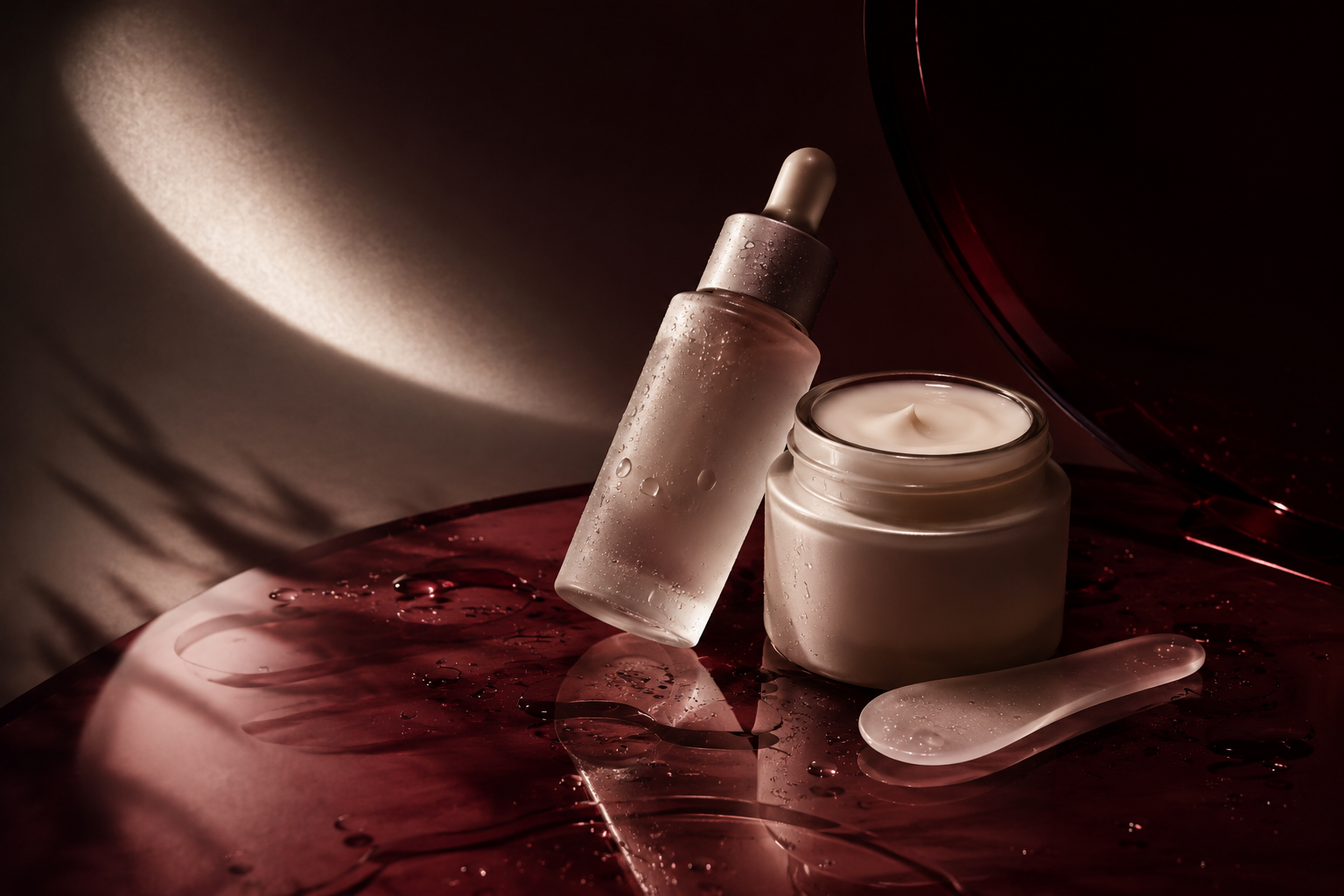 Moonlit skincare serum and cream on burgundy glass